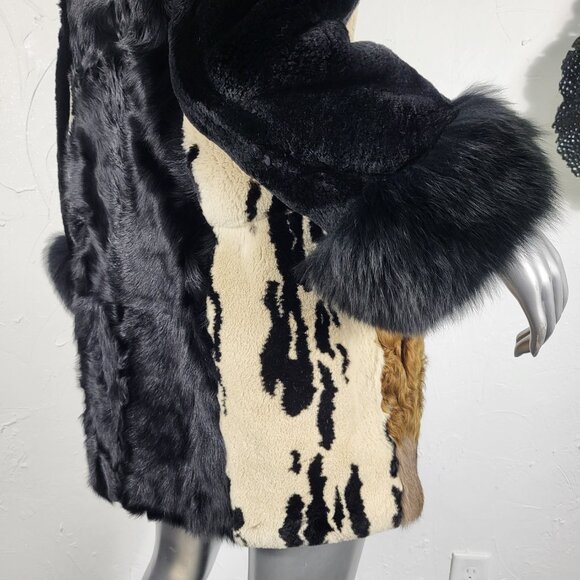 DIAGRAM~XS~BLACK ANIMAL PRINT GENUINE FOX FUR REAL CURLY LAMB MINK RABBIT COAT - Picture 8 of 16